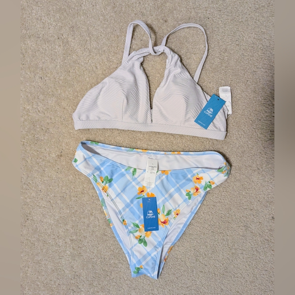 NWT Large Cupshe White and Floral High Waisted Two Piece Bikini